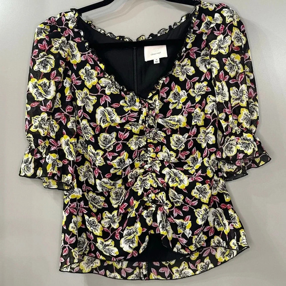 Cinq a Sept Kimberly Top Ruched Floral Print Top Black Multi Size M - Picture 3 of 8